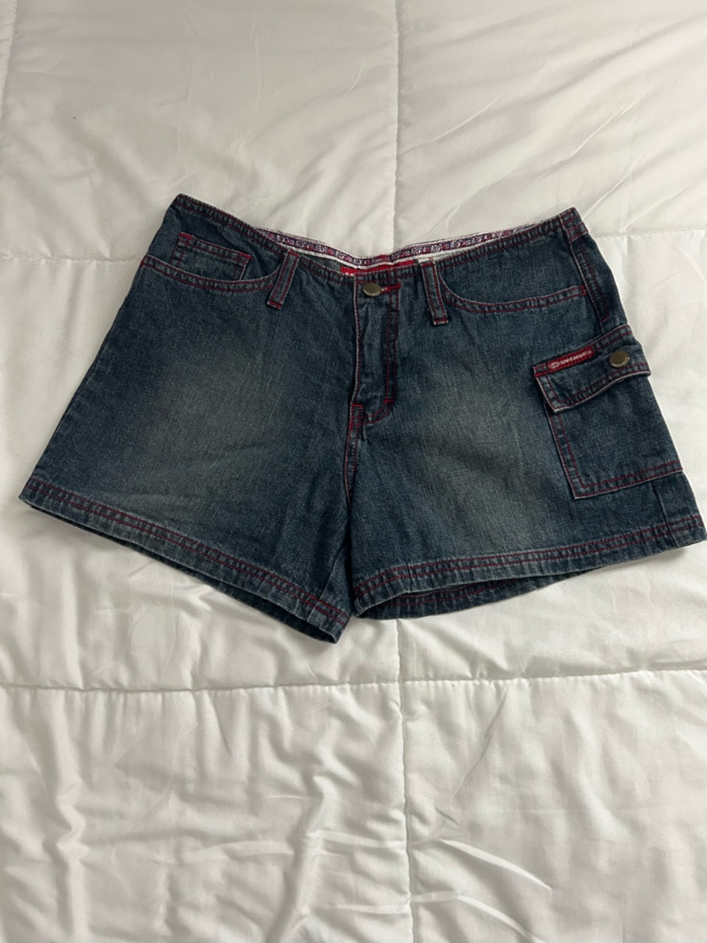 Y2K UNIONBAY Denim Shorts with Red Stitching and Side Cargo Pocket